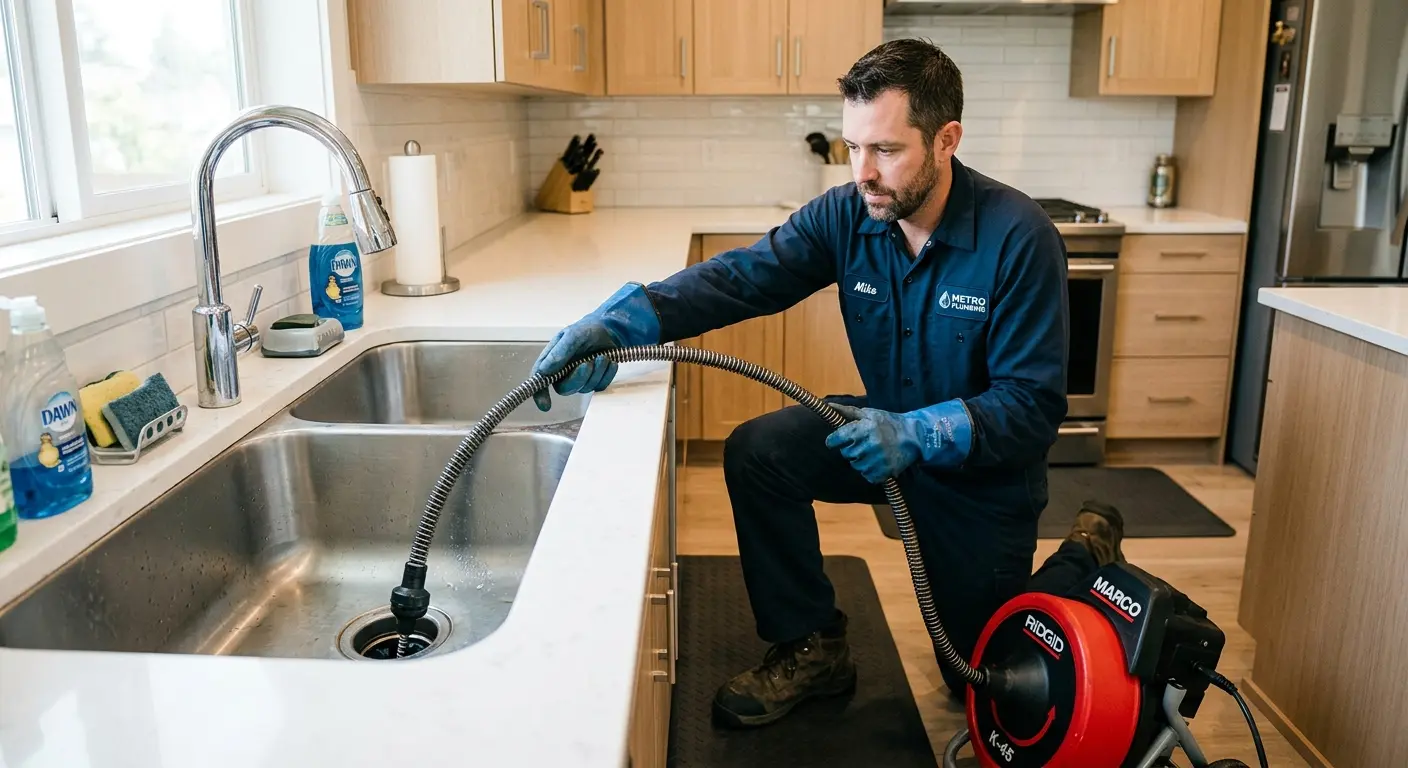 Drain cleaning technician using a motorized snake on a kitchen sink in Redmond