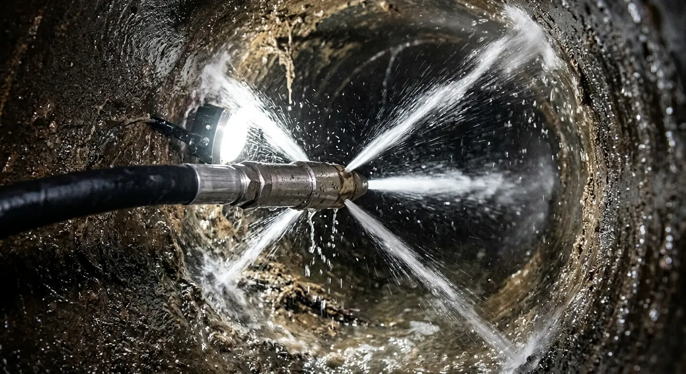 High-pressure hydro jetting nozzle cleaning sewer pipe for Sewer Line Relining in Redmond