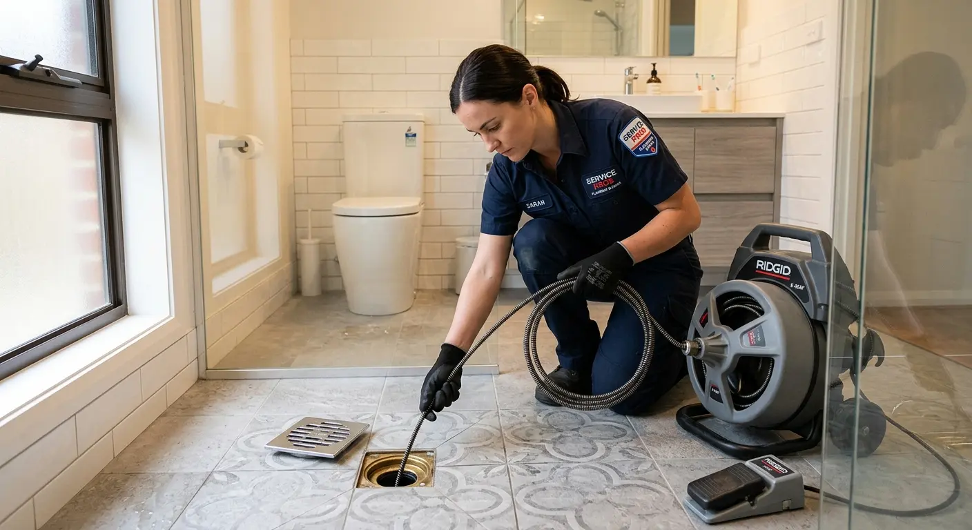 Technician clearing a bathroom floor drain for Sewer Line Replacement in Redmond